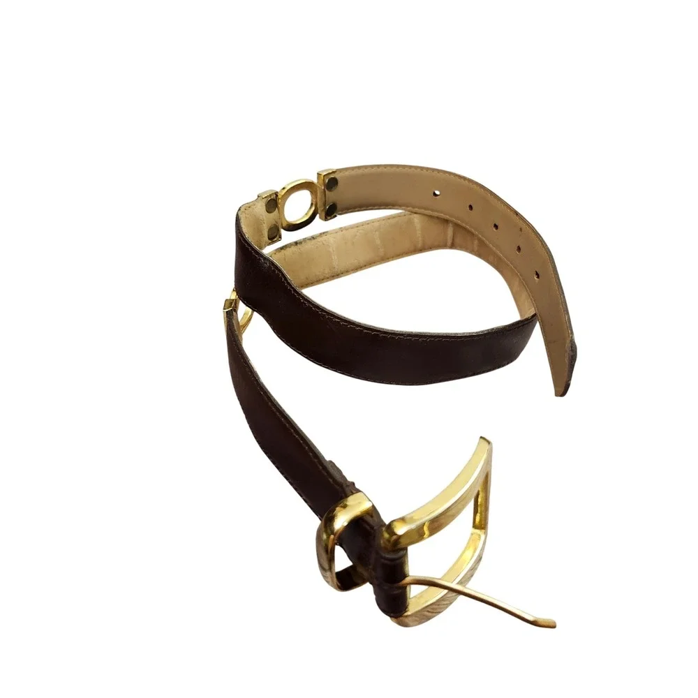 Classic Dark Brown Genuine Leather Belt with Gold Ring Accents Sz L Dk Academia‎